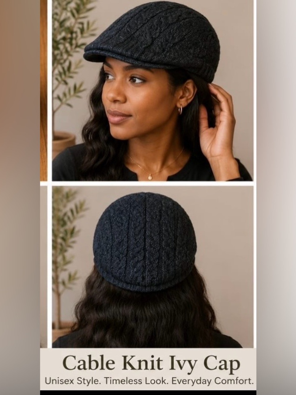Cable Knit Ivy Newsboy Cap Unisex Black Winter Flat Cap One Size BNWOT